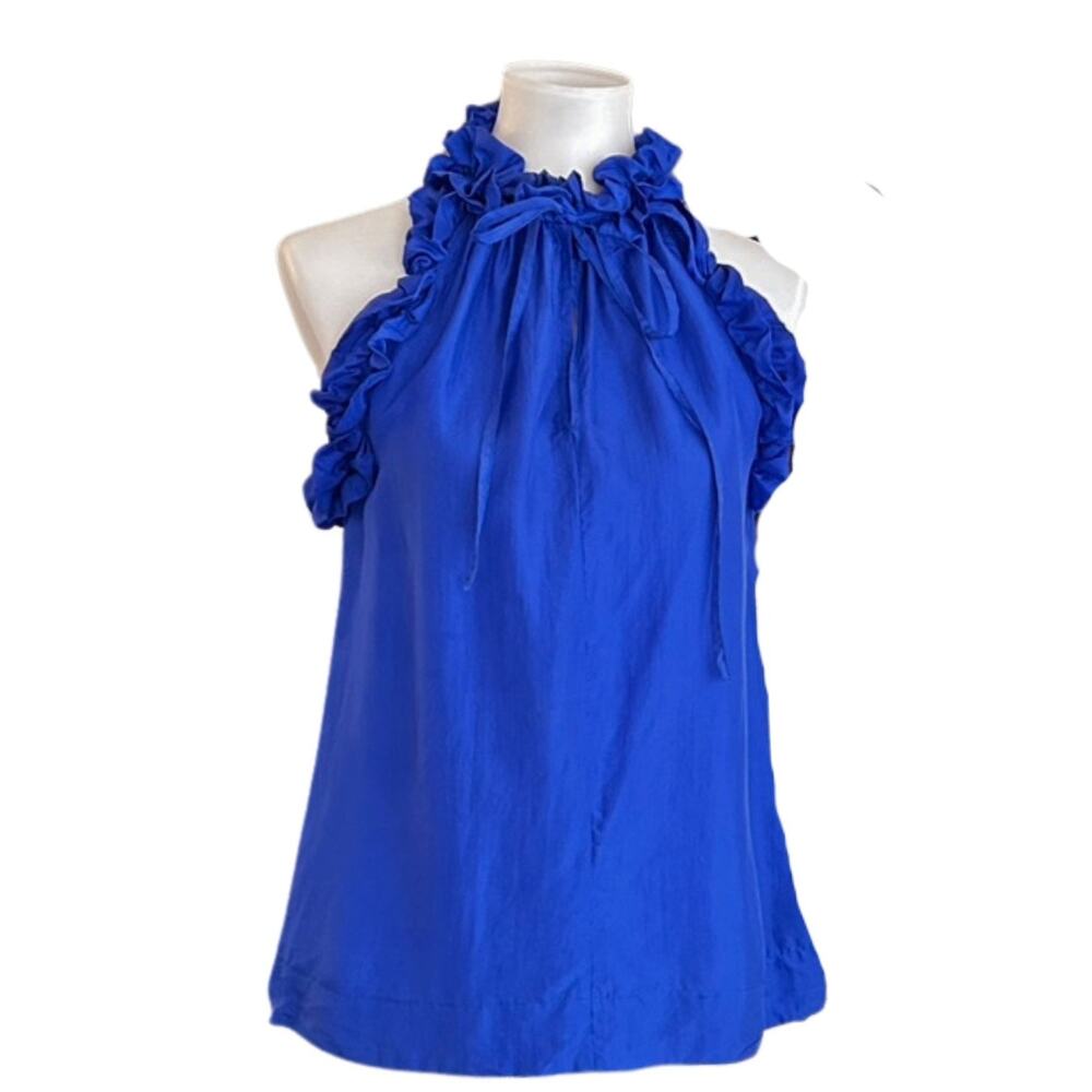 Vintage Y2K 100% Silk Ruffle Neck Sleeveless Blouse Cobalt Blue Top Size S